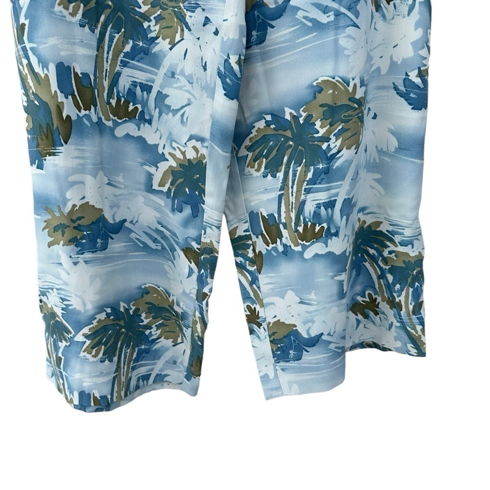 Kate Hill 100% Silk Cropped Tropical Palm Trees Blue Flowy Summer Pants, XL - Picture 9 of 10